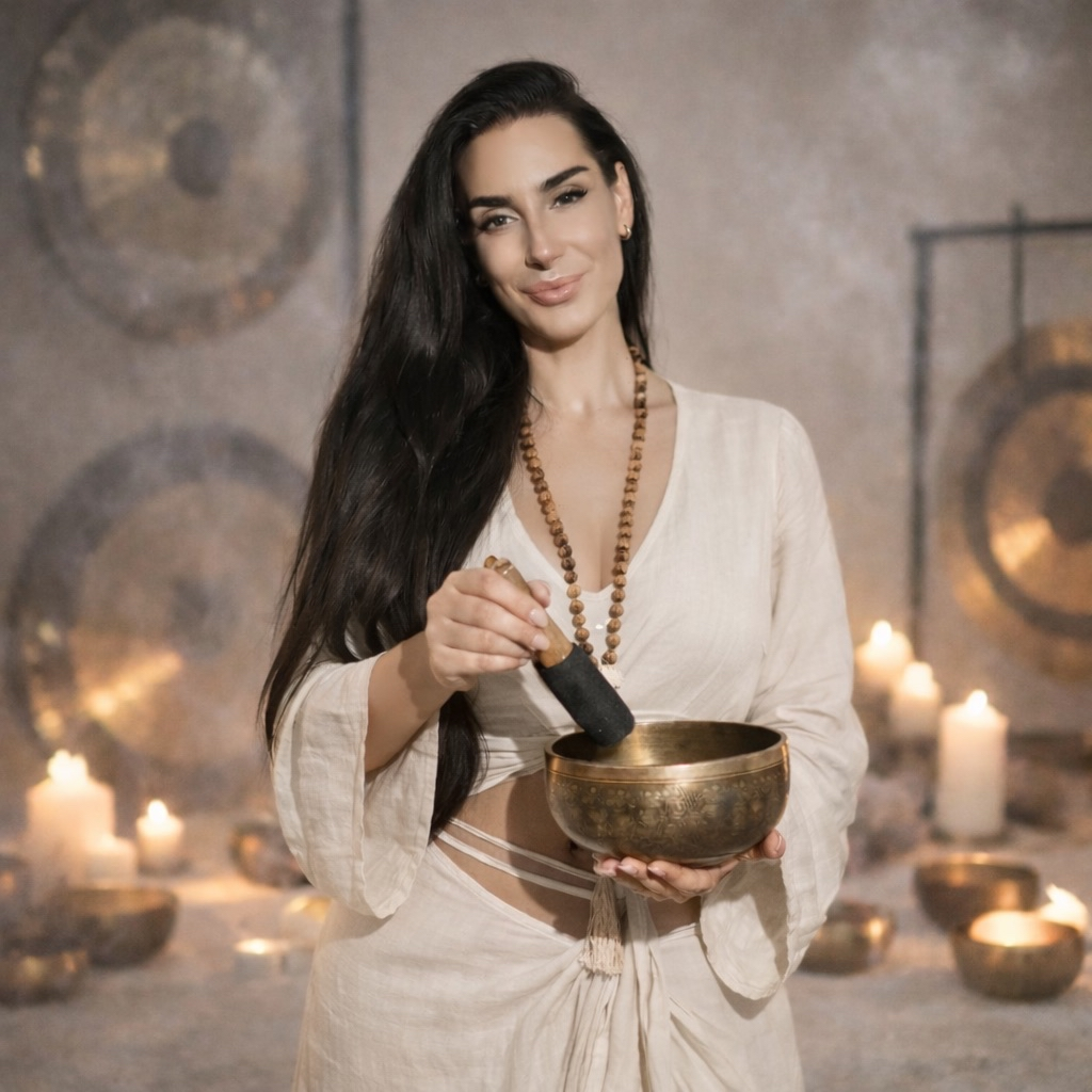 Gem, sound healing practitioner holding a Tibetan singing bowl surrounded by candles and gongs