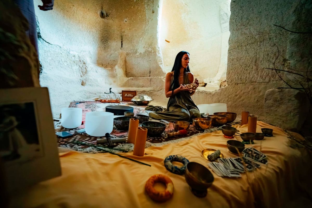 Gem kneeling among crystal and Tibetan singing bowls before a session
